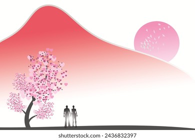 An abstract depiction of love with a couple's silhouette against a sunset, accentuated by a heart-shaped tree and a pink sky.