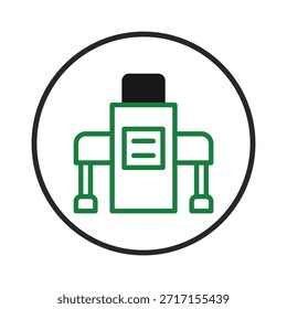 Eine abstrakte Darstellung einer Maschine, die einen minimalistischen Grafikstil innerhalb des Kreises verwendet. Die Abbildung zeigt saubere Linien und eine vereinfachte Darstellung, die Elemente der mechanischen
