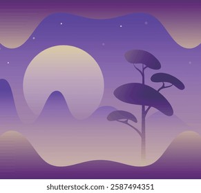 An abstract depiction of a night scene with a large moon, a stylized tree, and a gradient of purple and blue hues.