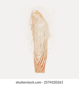 Abstract depiction of a serene figure draped in flowing robes. The artwork features soft, muted colors and a sense of tranquility. Ideal for spiritual themes. Vintage art, isolated vector element.