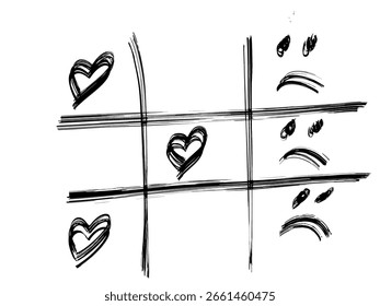 Representação abstrata de um jogo da velha, apresentando corações contra emoticons tristes, esboçados em linhas pretas simples.