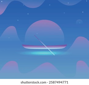 An abstract depiction of a tranquil scene with a floating object and a large sun or moon, surrounded by soft shapes and a gradient sky.