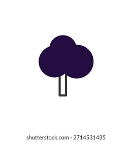 Una representación abstracta de un árbol presenta follaje púrpura oscuro dispuesto en Formas redondeadas sobre un tronco rectangular gris oscuro liso. Es un diseño minimalista sobre un fondo blanco, proporcionando un
