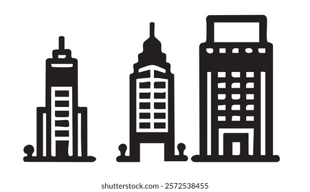 Abstract depiction of urban skyline with three distinct building silhouettes at varying heights