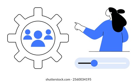 An abstract depiction of a woman pointing towards a gear with team icons, alongside a slider. Ideal for teamwork, project management, workflow optimization, productivity, and digital collaboration