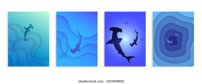 Profundidad abstracta y 
Tiburones martillo. Conjunto de 4 banners verticales.