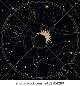 Abstract depths of the universe. Planets moving in orbits. Vector illustration