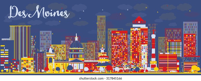 Abstract Des Moines Skyline with color Buildings. Vector Illustration. Business travel and tourism concept with modern buildings. Image for presentation, banner, placard and web site.