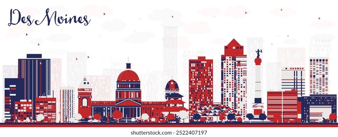 Abstract Des Moines USA Stadt Skyline mit Color Buildings. Vektorgrafik. Geschäftsreise- und Tourismuskonzept mit historischer Architektur. Stadtlandschaft mit Wahrzeichen.