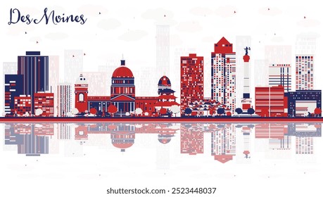 Abstract Des Moines USA Stadt Skyline mit Color Buildings und Reflexionen. Vektorgrafik. Geschäftsreise- und Tourismuskonzept mit historischer Architektur. Stadtlandschaft mit Wahrzeichen.