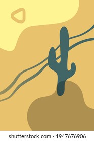 Abstract desert background with freehand drawing cactus, sand, dune and sun. Modern minimal shapes design, wavy lines, boho style. Vector concept for home decor, artistic poster, vertical banner.