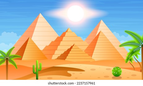 Abstract Desert Background Summer With Pyramids, Sun, Sand, Palms, Vector Design Style Nature Landscape