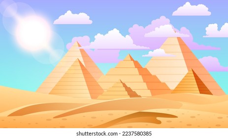Abstract Desert Background Summer With Pyramids, Sun, Sand, Clouds Vector Design Style Nature Landscape