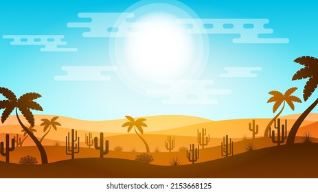 Abstract Desert Background Summer With Sun, Sand, Clouds, Palms Trees Vector Design Style Nature Landscape