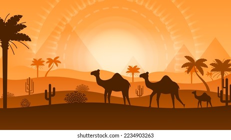 Abstract Desert Background Summer With Sun, Sand, Camels, Cactus Vector Design Style Nature Landscape