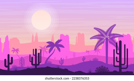 Abstract Desert Background Summer With Sun, Sand, Clouds, Palms Trees Vector Design Style Nature Landscape