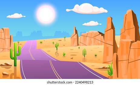 Abstract Desert Background Summer With Sun, Sand, Clouds, Mountains, Road Vector Design Style Nature Landscape