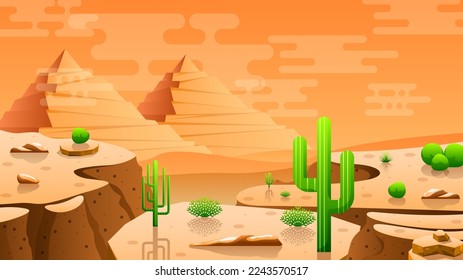 Abstract Desert Background Summer With Sun, Sand, Clouds, Mountains, Cactus, Pyramids Vector Design Style Nature Landscape