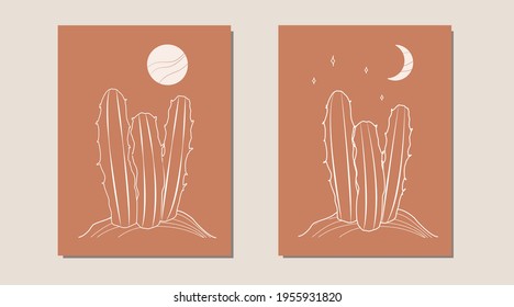 Abstract desert. Abstract contemporary aesthetic background with desert, cactus, sun and moon in terracotta colors. Boho wall decor. Vector illustration set with cactus.