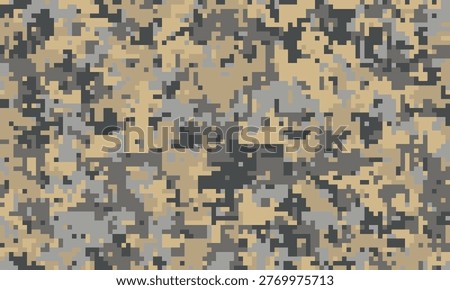 Abstract desert digital camouflage pattern.  Versatile, pixelated design ideal for backgrounds, textures, or militarythemed projects.  Represents concealment, strategy, and adaptability.