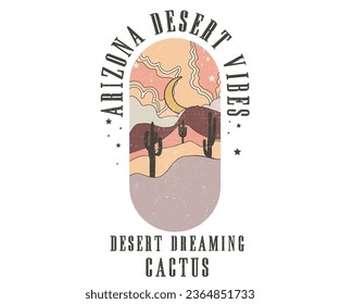 Abstract desert digital painting. Cactus wild adventure. Arizona desert graphic print artwork for apparel, t shirt, sticker, poster, wallpaper and others. Feel the sunset. Mountain artwork.