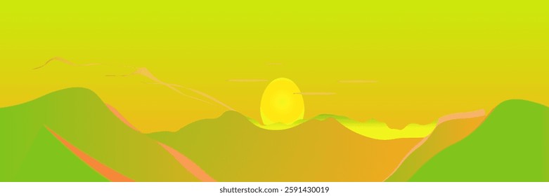 Abstract desert green natural landscape. Sunset over the sand of the dune hills. Vector illustration