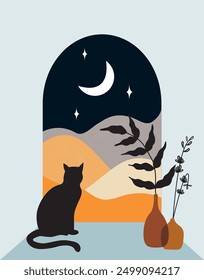 Abstract desert landscape in boho style at night with plants, vases, and cat. Wall decor illustration