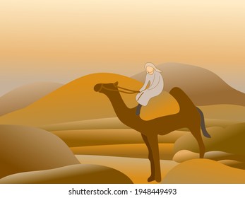 Abstract desert landscape. Camel with rider on a background of mountains, pesaka and dunes in yellow and orange color. 3D graphics