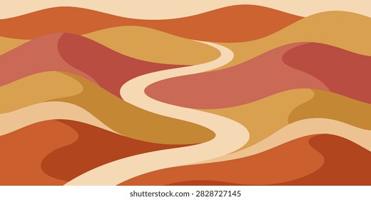 Abstract desert landscape illustration with winding path through rolling sand dunes in warm terracotta earthy tones