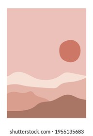 Abstract desert landscape posters. Modern background contemporary boho sun moon mountains minimalist wall decor. Vector