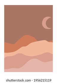 Abstract desert landscape posters. Modern background contemporary boho sun moon mountains minimalist wall decor. Vector