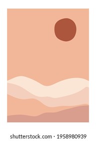 Abstract desert landscape posters. Modern background contemporary boho sun moon mountains minimalist wall decor. Vector