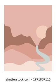 Abstract desert landscape posters. Modern background contemporary boho sun moon mountains minimalist wall decor. Vector