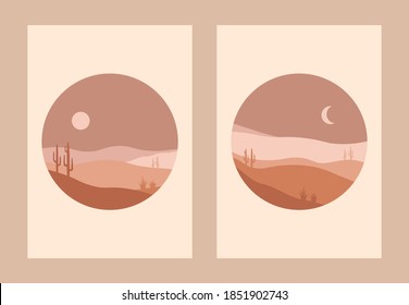 Abstract desert landscape posters. Wall art sun moon boho style,  contemporary social media covers. Vector mid century illustration