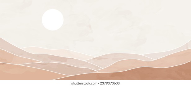 Abstract desert landscape with sun with white lines. Mountain vector background with watercolor texture in boho style, for prints, posters, covers, wall art and home decoration.	