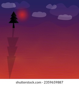 Abstract desert landscape vector illustration with tree, shadow, sunset and sky. 