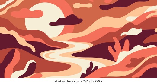 Abstract desert landscape with winding river under warm sunset sky featuring organic wavy shapes and earthy mountain silhouettes