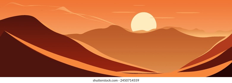 Abstract desert natural landscape. Sunset over the sand of the dune hills. Vector illustration