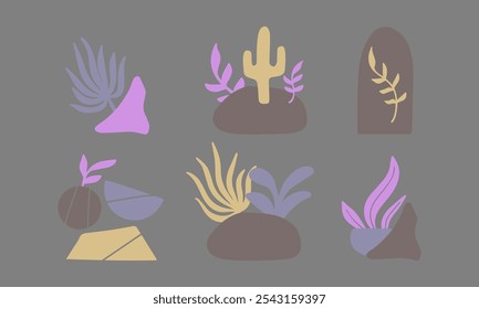  Abstract Desert Plant Vector Illustration Set with Cactus and Leaf Elements in Modern Pastel Colors for Decorative Design