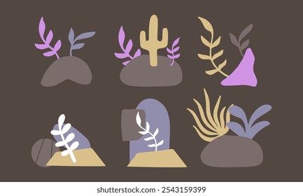  Abstract Desert Plant Vector Illustration Set with Cactus and Leaf Elements in Modern Pastel Colors for Decorative Design