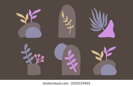  Abstract Desert Plant Vector Illustration Set with Cactus and Leaf Elements in Modern Pastel Colors for Decorative Design