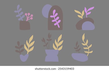  Abstract Desert Plant Vector Illustration Set with Cactus and Leaf Elements in Modern Pastel Colors for Decorative Design