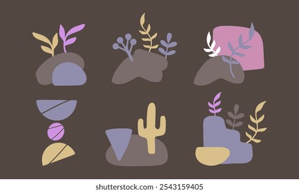  Abstract Desert Plant Vector Illustration Set with Cactus and Leaf Elements in Modern Pastel Colors for Decorative Design