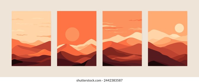 Abstract desert poster design. Minimalistic dune landscape background with sunrise and sunset in desert in oriental style. Vector illustration