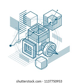 Abstract design with 3d linear mesh shapes and figures, vector isometric background. Cubes, hexagons, squares, rectangles and different abstract elements.