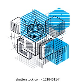 Abstract design with 3d linear mesh shapes and figures, vector isometric background. Cubes, hexagons, squares, rectangles and different abstract elements.