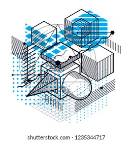 Abstract design with 3d linear mesh shapes and figures, vector isometric background. Cubes, hexagons, squares, rectangles and different abstract elements.