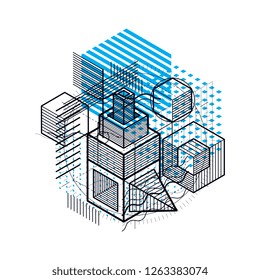 Abstract design with 3d linear mesh shapes and figures, vector isometric background. Cubes, hexagons, squares, rectangles and different abstract elements.