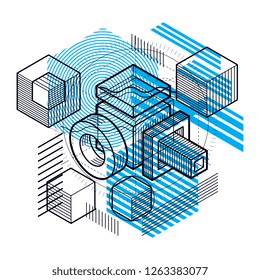Abstract design with 3d linear mesh shapes and figures, vector isometric background. Cubes, hexagons, squares, rectangles and different abstract elements.