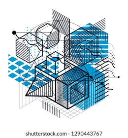 Abstract design with 3d linear mesh shapes and figures, vector isometric background. Cubes, hexagons, squares, rectangles and different abstract elements.